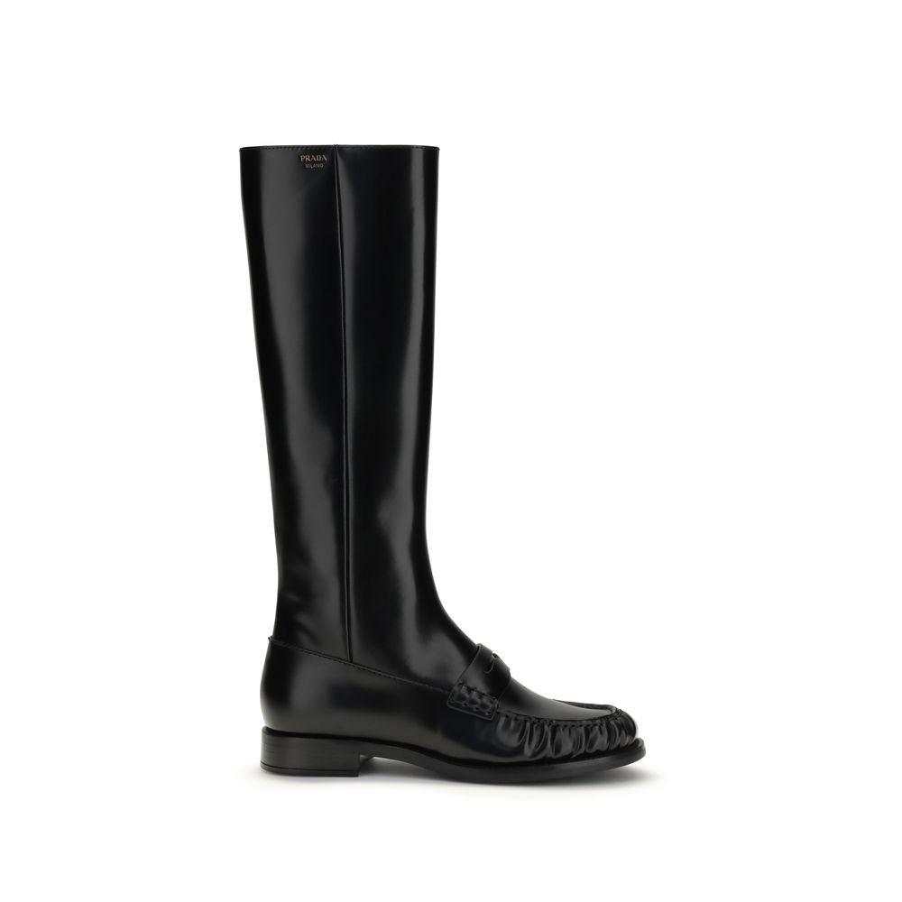 Prada Black Calf Leather Bos Taurus Flat Boots